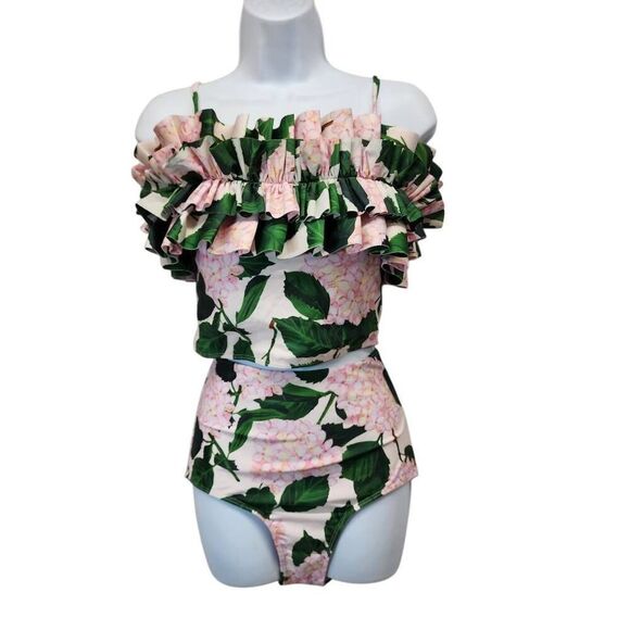Ruffle Bandeau Hydrangea Split Swimsuit Set Women's Bikini Skirt Floral Print - Picture 3 of 8